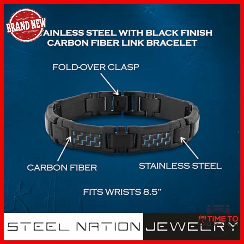8.5" Stainless Steel Carbon Fiber Link Bracelet Fold-Over Clasp - Picture 2 of 5